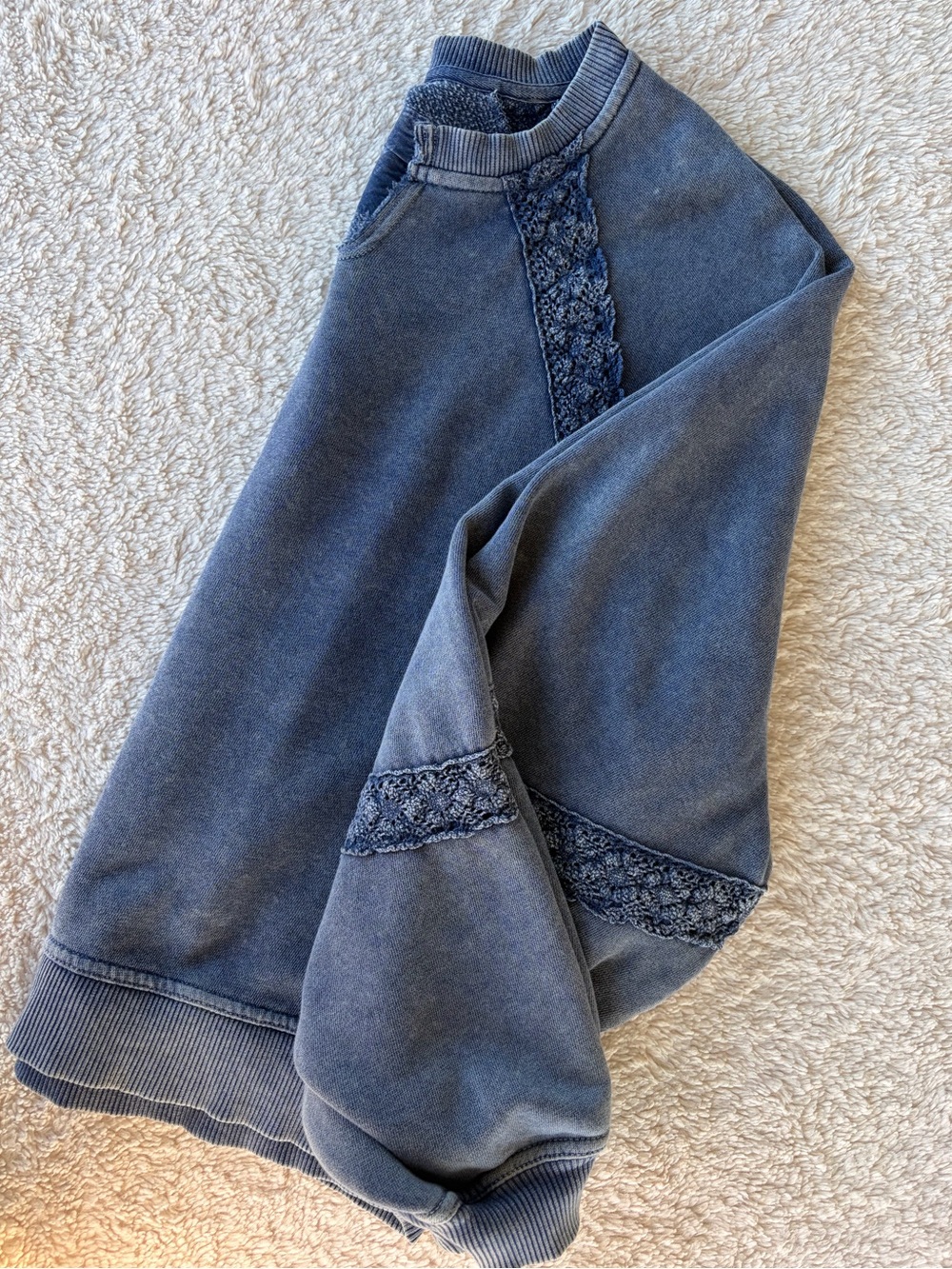 Aerie Acid Washed Blue Sweatshirt with crochet detail.